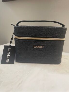 bebe Black Quilted Cosmetic Case with Gold Accent Logo NWT